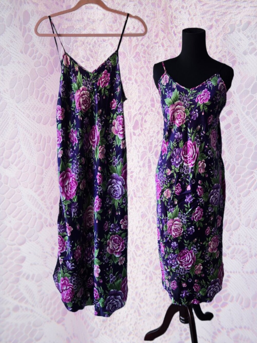 Vintage Dentelle Purple Satin and Pink Rose Print Slinky Slip Dress Nightie